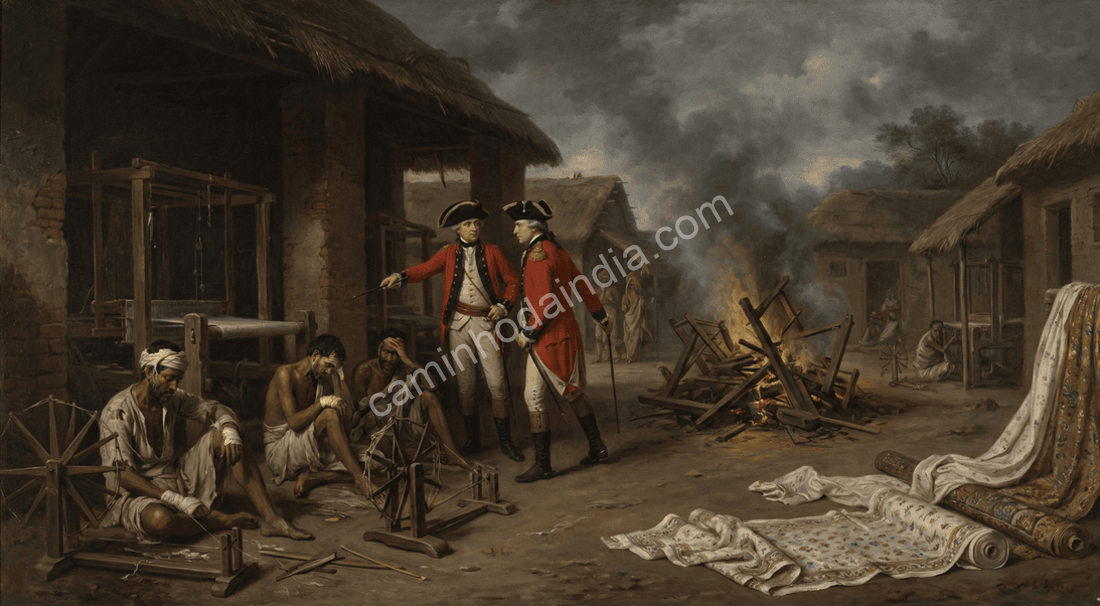 ilustracao-oficiais-britanicos-destruindo-teares-indianos-novo Oficiais britânicos destruindo teares tradicionais e prejudicando tecelões indianos, refletindo a repressão à indústria têxtil nativa durante o período colonial