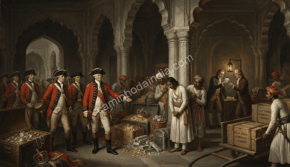 ilustracao-oficiais-britanicos-saqueando-cofres-mughal-maratha-novo Oficiais britânicos saqueando os cofres dos impérios Mughal e Maratha, representando a extração de riqueza durante o período colonial