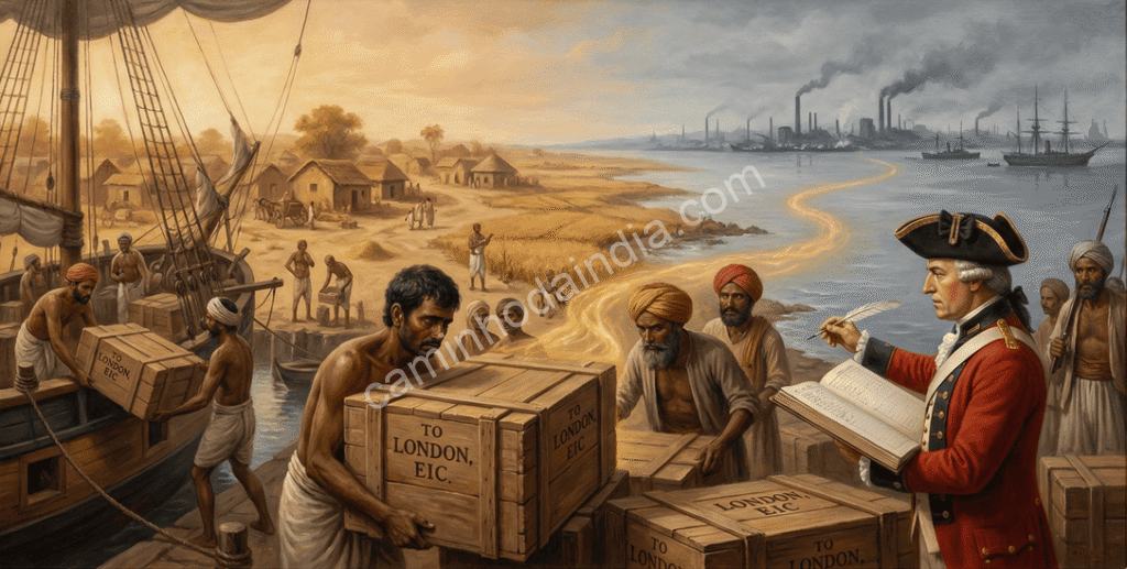 ilustracao-oficiais-britanicos-supervisionando-saque-bens-india Ilustração de oficiais britânicos supervisionando o saque de bens da Índia para a Grã-Bretanha