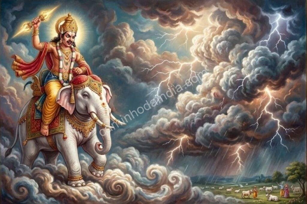 Indra furioso causando chuvas torrenciais sobre Vrindavan
