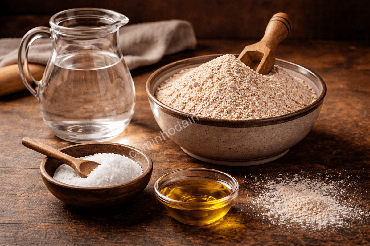 Ingredientes para preparar chapati organizados sobre a mesa