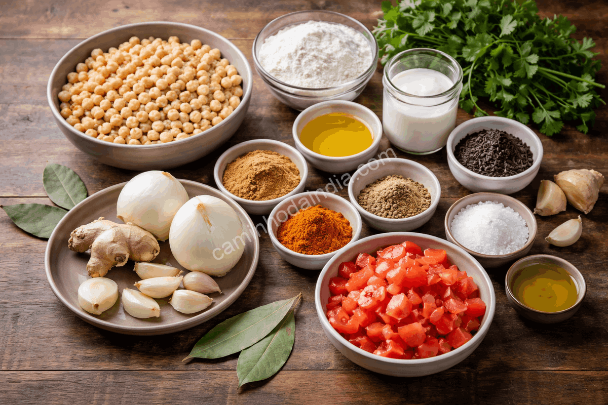 Ingredientes do chole bhature organizados sobre a mesa para preparo tradicional