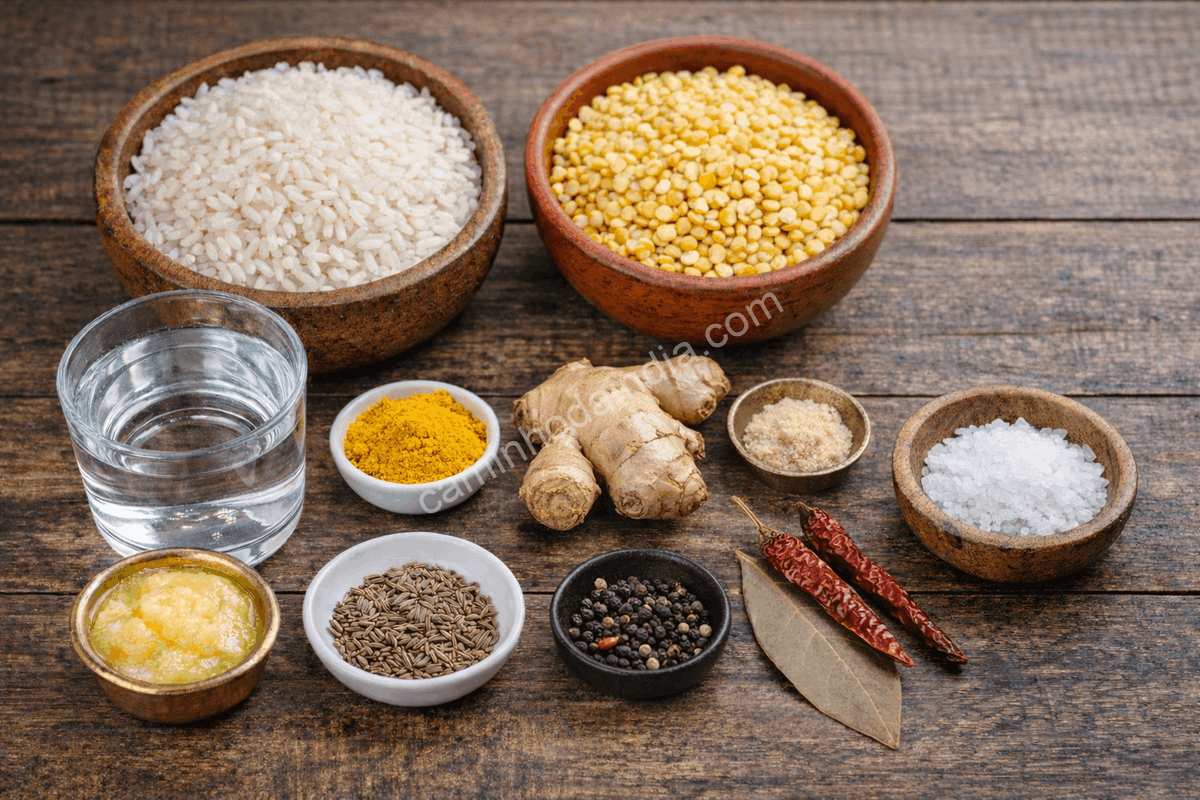 ingredientes-khichdi Ingredientes para preparar khichdi organizados sobre uma mesa, incluindo arroz, moong dal, cúrcuma, cominho, gengibre e ghee