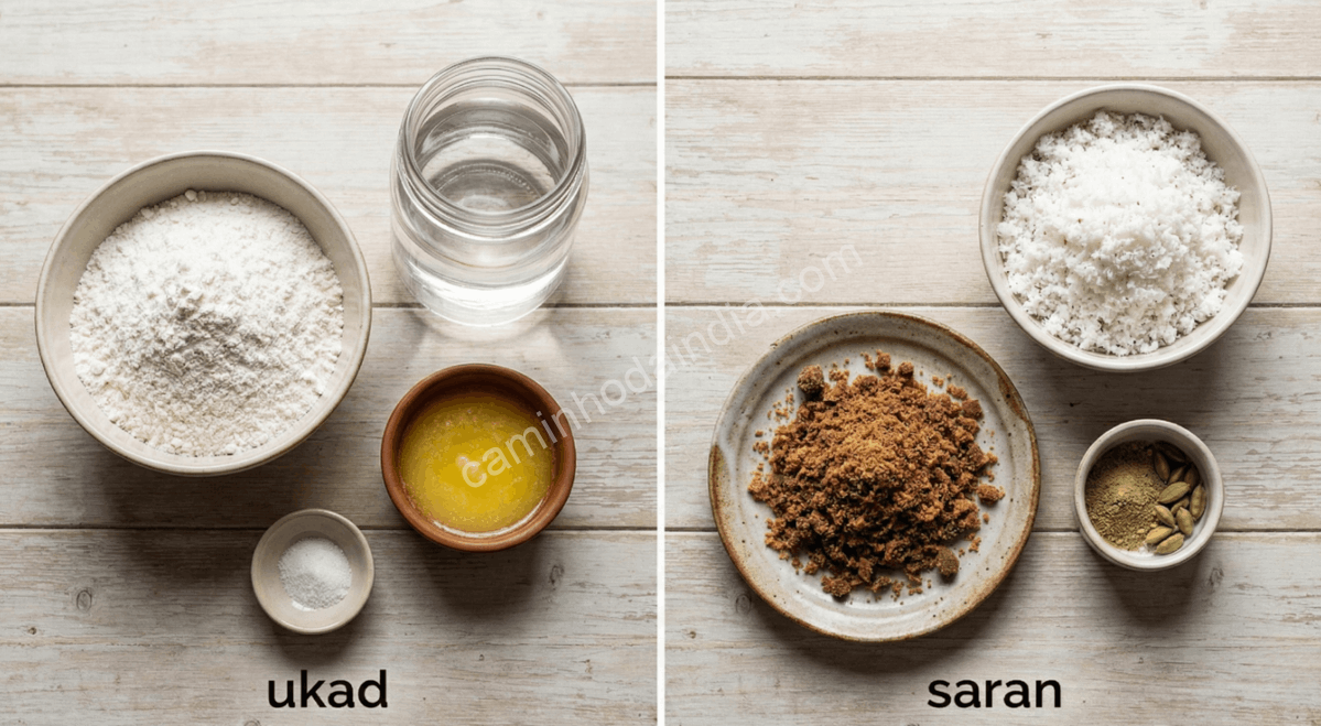 Ingredientes essenciais para preparar modak organizados sobre a mesa