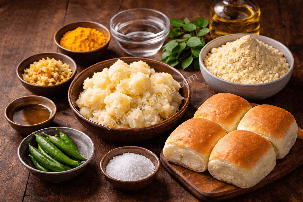 Ingredientes para preparar vada pav organizados sobre a mesa