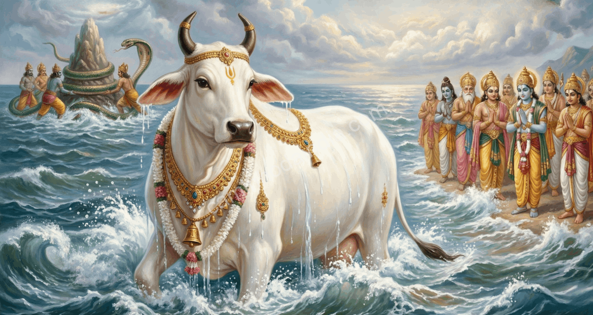 kamadhenu-emergindo-samudra-manthan Kamadhenu emergindo do oceano durante o Samudra Manthan como símbolo de abundância e prosperidade
