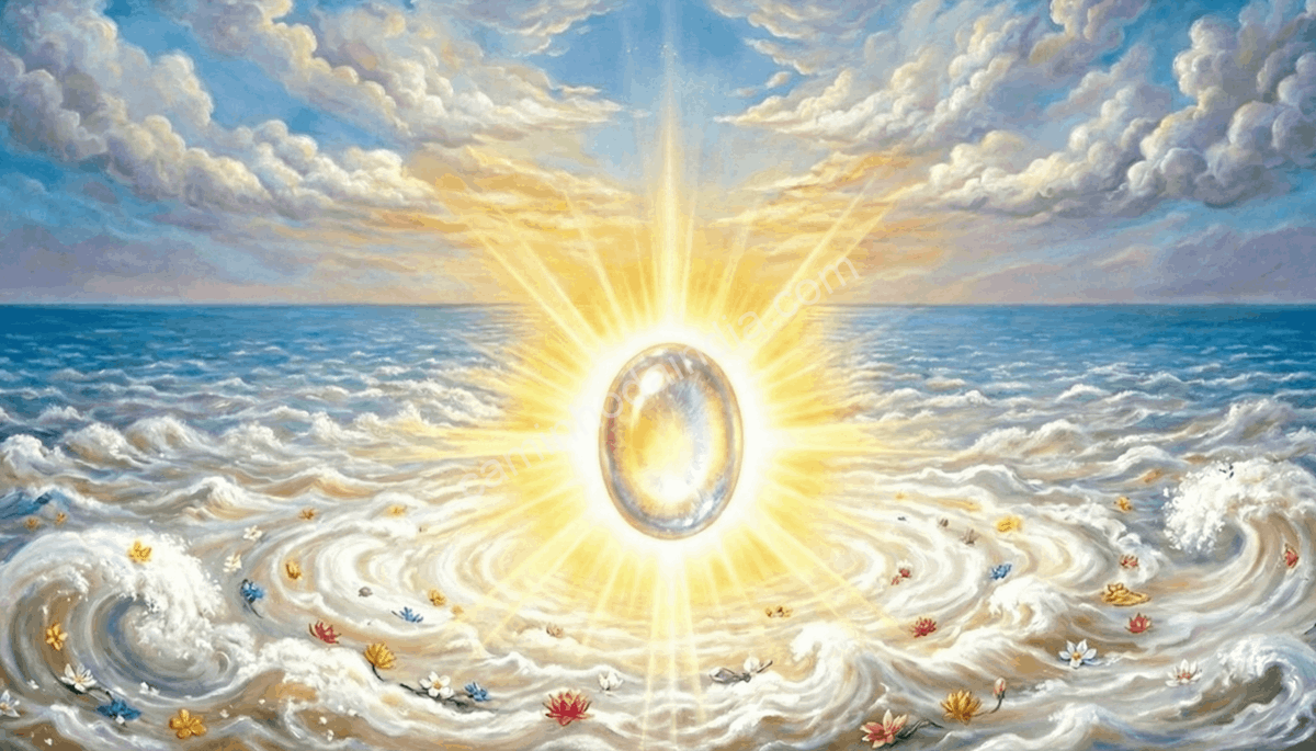 Kaustubha Mani emergindo do oceano durante o Samudra Manthan como joia celestial de brilho divino