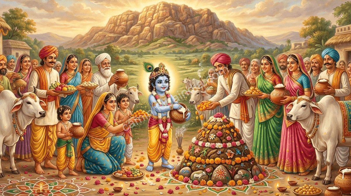 Krishna celebra Govardhan Puja com os moradores da vila, conforme narrado nas tradições ligadas ao período de Diwali