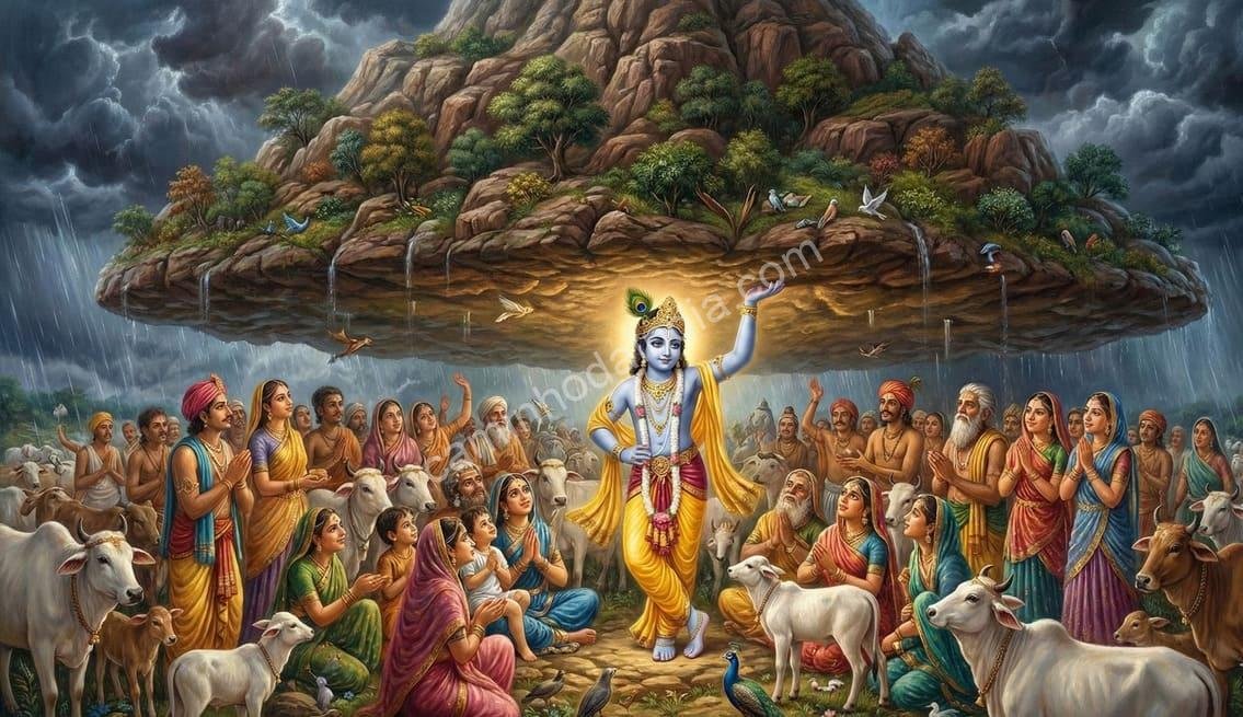 krishna-erguendo-monte-govardhan-vrindavan Krishna ergue o Monte Govardhan com facilidade divina para proteger os moradores de Vrindavan das chuvas torrenciais enviadas por Indra