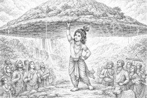 Krishna erguendo o Monte Govardhan para proteger o povo de Vrindavan das chuvas torrenciais