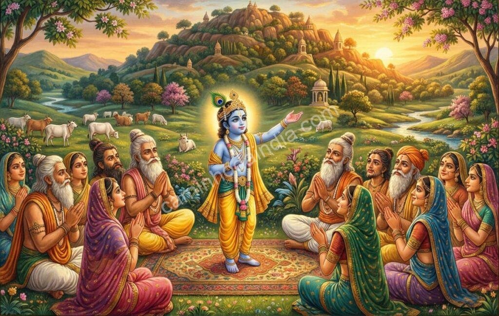 Krishna orientando os anciãos a adorarem o Monte Govardhan em vez de Indra