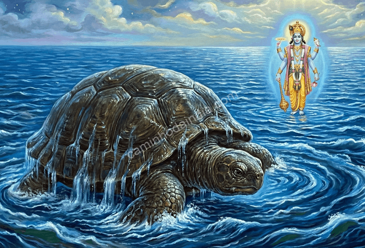 Avatar Kurma de Vishnu preparando-se para sustentar o Monte Mandara durante o Samudra Manthan