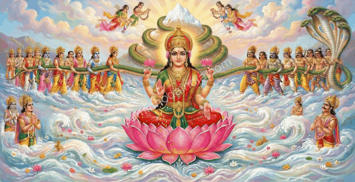 Deusa Lakshmi emergindo do oceano durante o Samudra Manthan, simbolizando prosperidade e abundância divina