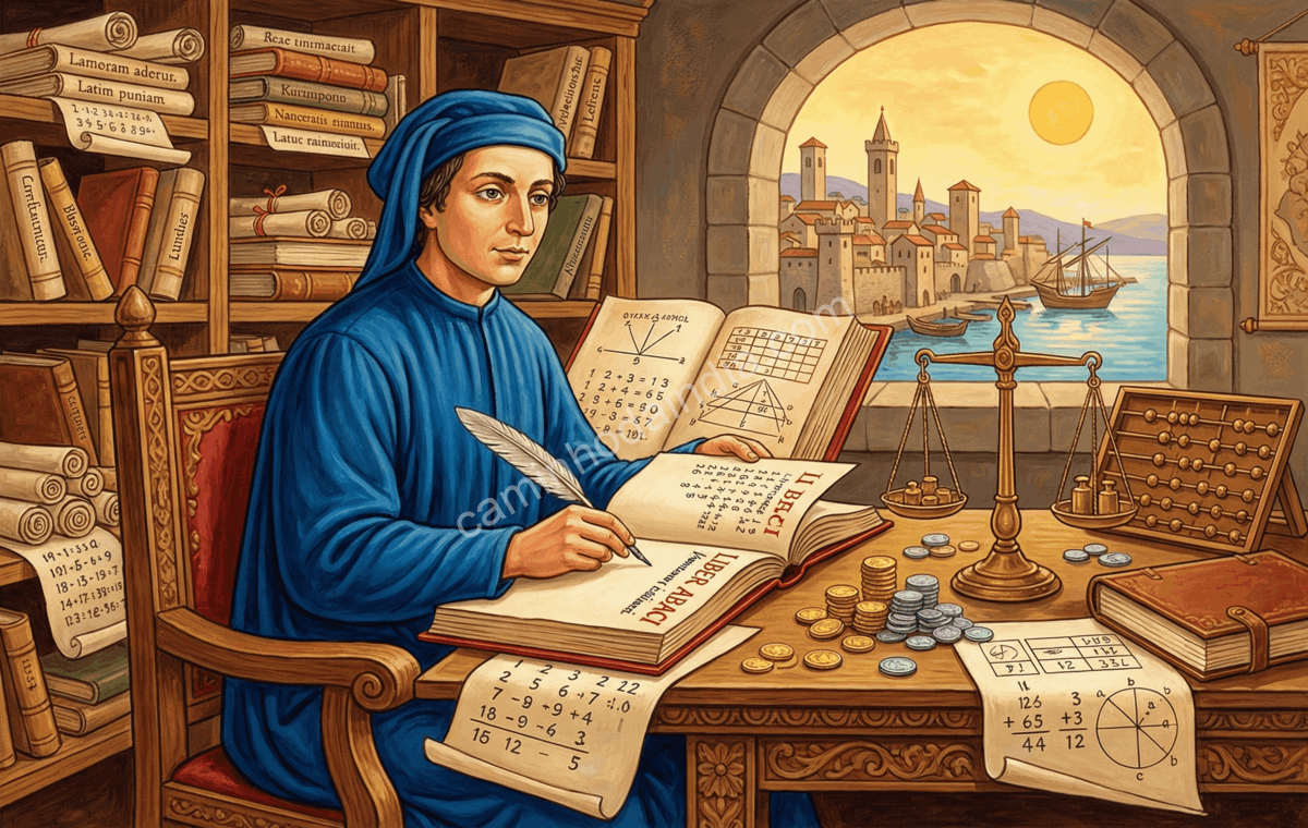 Leonardo Fibonacci escrevendo o Liber Abaci, obra que introduziu o sistema numérico indo-arábico na Europa medieval