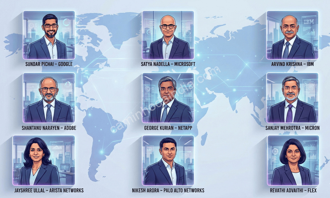 Ilustração representando CEOs de origem indiana que comandam algumas das maiores empresas dos Estados Unidos, destacando sua influência global no mundo corporativo