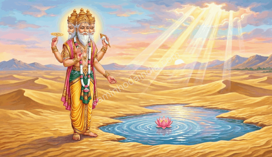 loto-caindo-da-mao-de-brahma-origem-lago-pushkar Ilustração simbólica do lótus caindo da mão de Brahma, associada à origem do Lago de Pushkar