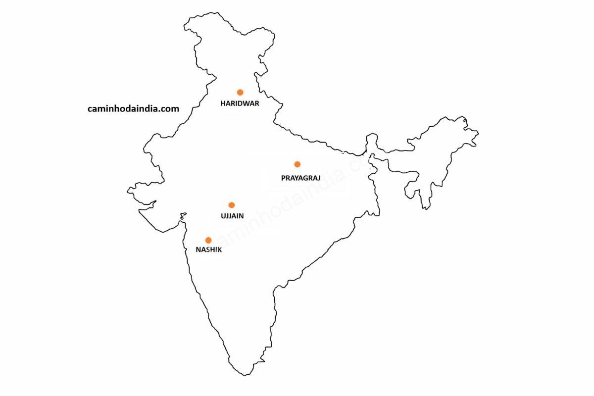 mapa-india-locais-kumbh-mela-em-nashik-ujjain-prayagraj-haridwar Mapa da Índia mostrando Nashik, Ujjain, Prayagraj e Haridwar, os quatro locais sagrados associados aos ciclos do Kumbh Mela