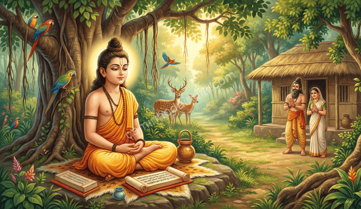 Markandeya meditando e estudando as escrituras sagradas enquanto seus pais o observam com admiração