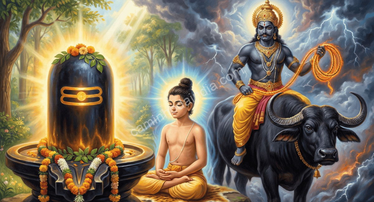 Markandeya orando diante do lingam de Shiva enquanto Yama aparece para tomar sua alma