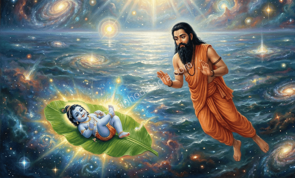 markandeya-vision-bala-mukunda-diluvio-cosmico Sábio Markandeya flutuando no dilúvio cósmico e vendo o bebê Vishnu, Bala Mukunda, deitado sobre uma folha de bananeira