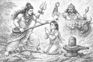 Ilustração do sábio Markandeya segurando um shivling com devoção em um ambiente sagrado.