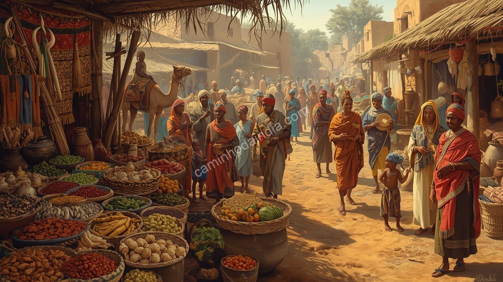 mercado-africano-medieval-vibrante Mercado africano vibrante durante a era medieval