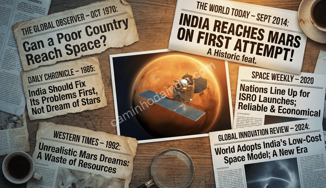 midia-global-retratando-conquistas-espaciais-da-india-novo Ilustração mostrando como a mídia global retratou as conquistas espaciais da Índia, muitas vezes com vieses contrastantes entre reconhecimento e subestimação