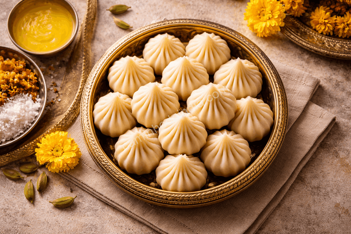 modak-moldado-com-forma-formato-unico Modak preparado com molde tradicional que garante formato característico