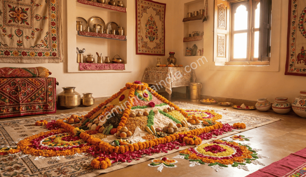 monte-govardhan-feito-com-graos-e-vegetais-rajasthan-govardhan-puja Govardhan Puja Annakut