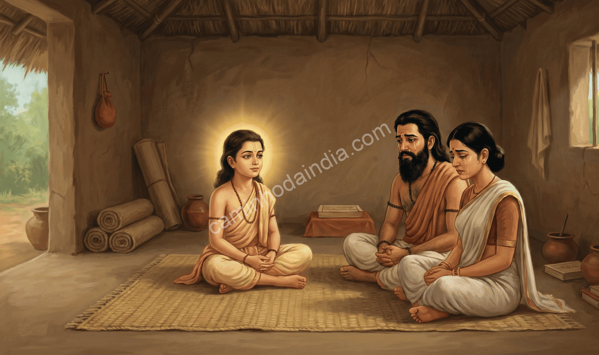 Mrikandu e Marudvati revelando com tristeza a Markandeya a profecia de sua morte aos 16 anos