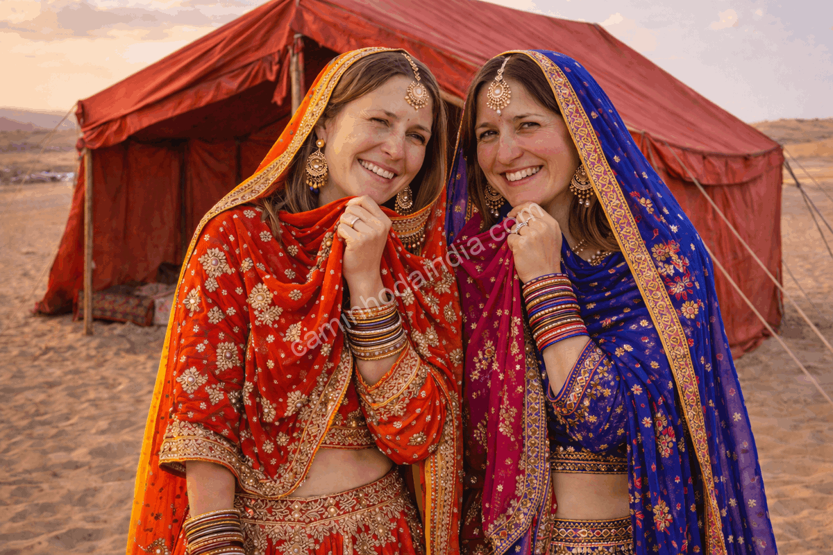 mulheres-estrangeiras-trajes-tradicionais-competicao-noivas Mulheres estrangeiras vestidas com trajes tradicionais indianas durante competição de noivas em festival cultural