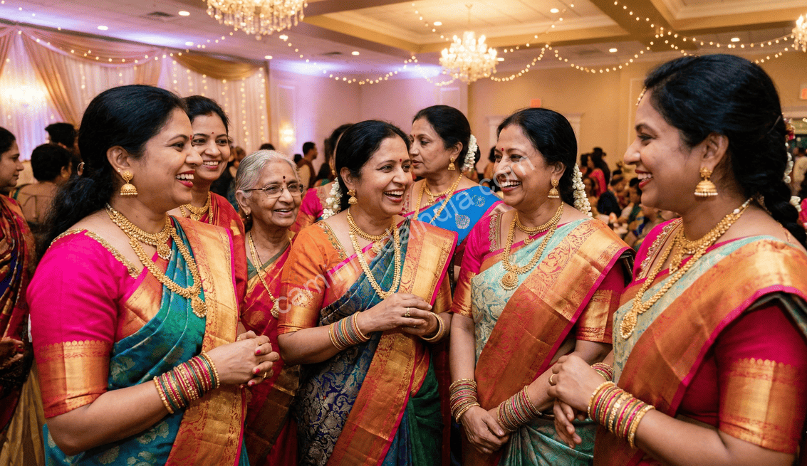 mulheres-indianas-casamento-usando-joias-de-ouro-novo Mulheres indianas reunidas em um casamento, adornadas com joias tradicionais de ouro que refletem cultura, elegância e tradição