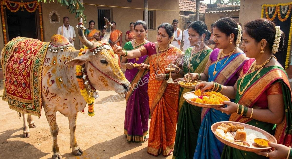 mulheres-indianas-realizando-go-puja-cow-worship-festival Mulheres indianas realizando Go Puja diante de uma vaca decorada com flores, rangoli e oferendas tradicionais