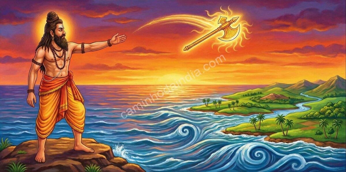 Ilustração de Parashurama lançando seu parashu no oceano, dando origem à terra de Kerala segundo a tradição