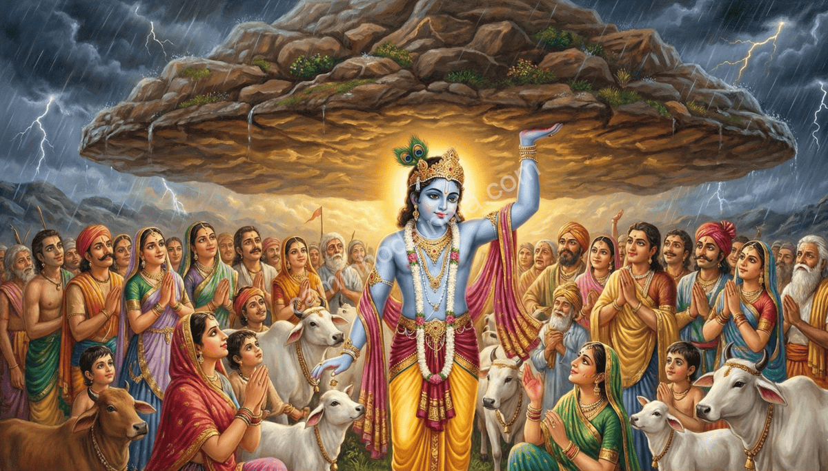 pequeno-krishna-erguendo-monte-govardhan Pequeno Krishna erguendo o Monte Govardhan com facilidade divina