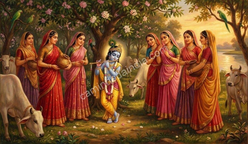 Pequeno Krishna tocando flauta enquanto as gopis o admiram em Vrandavan