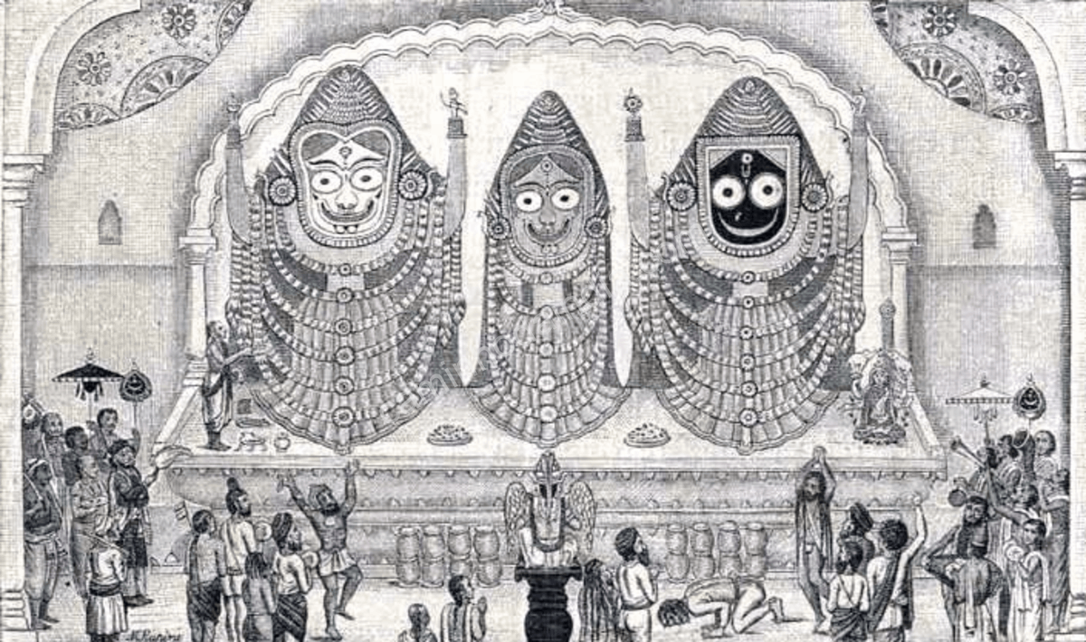 Pintura de 1877 retratando os ídolos de Balabhadra, Subhadra e Jagannath em estilo artístico tradicional