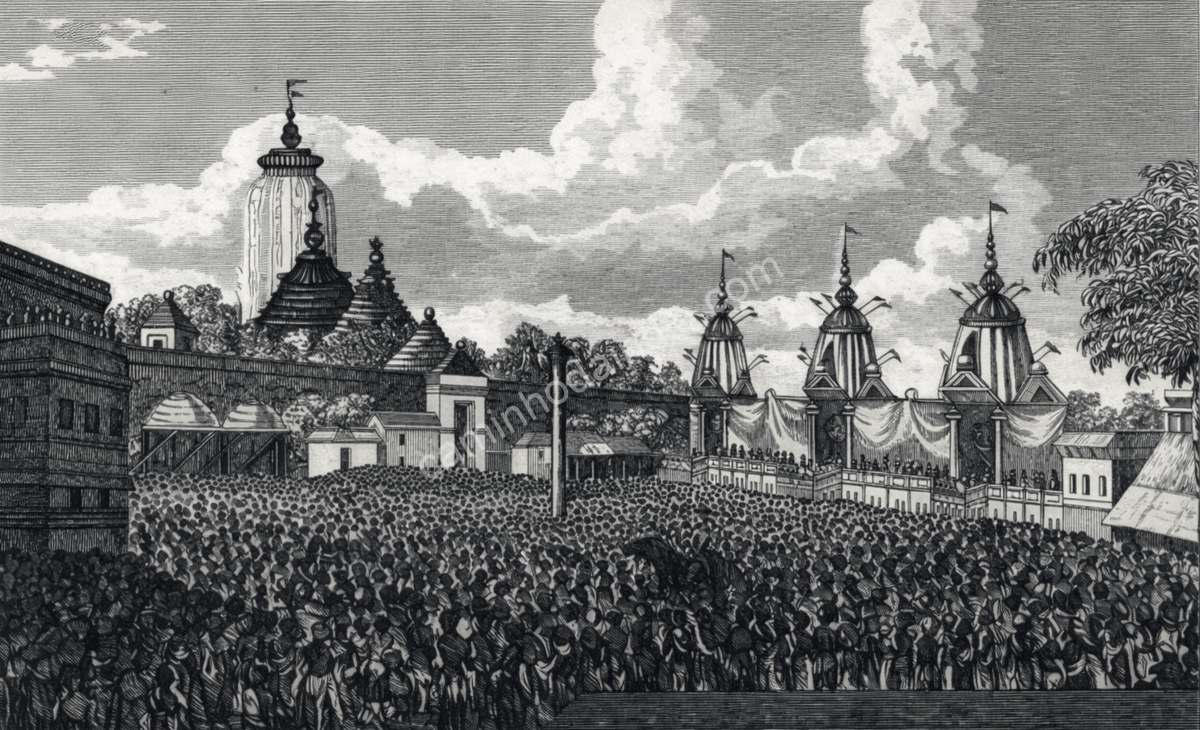 Gravura de 1833 retratando a Rath Yatra de Puri, uma das mais antigas representações visuais do festival de Jagannath