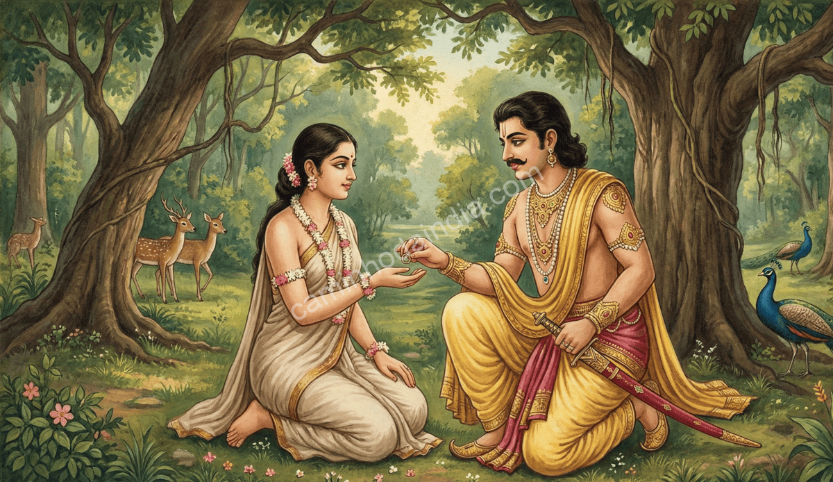 Rei Dushyanta entregando seu anel real a Shakuntala como símbolo de seu amor