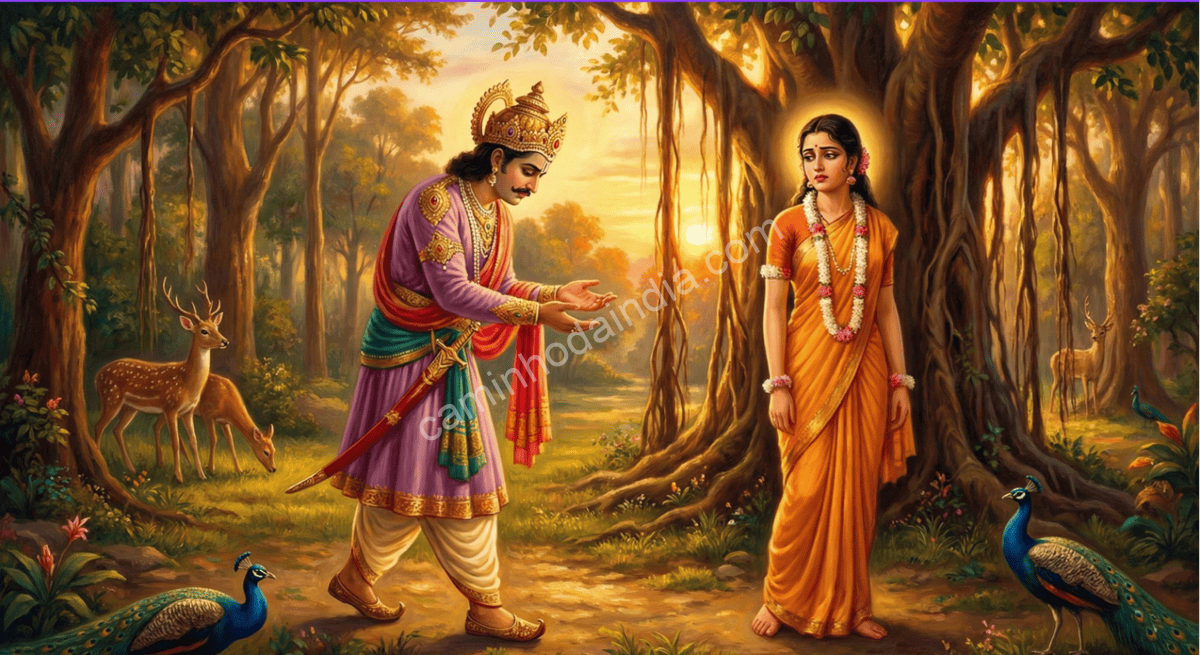 Rei Dushyanta pedindo perdão a Shakuntala e os dois se reencontrando de forma emocionada