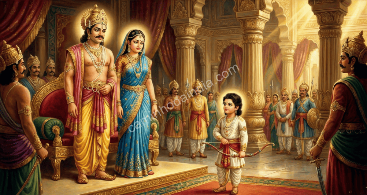 Rei Dushyanta e Shakuntala vivendo um momento de paz no palácio ao lado do pequeno Bharata