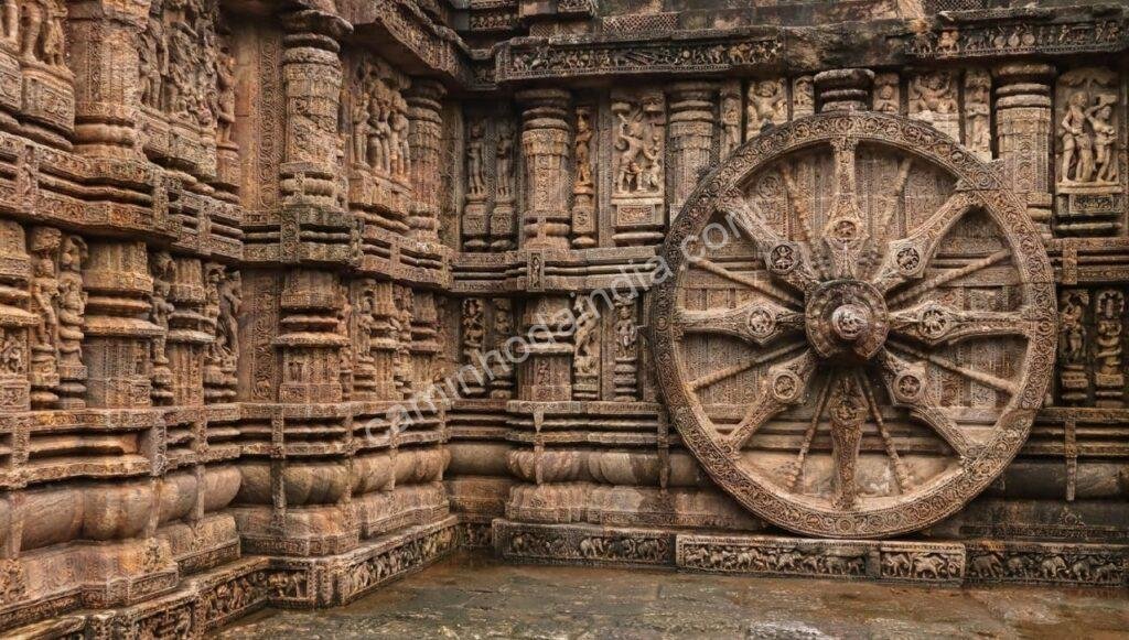 Detalhe da roda esculpida em pedra no Templo do Sol de Konark, representando o carro solar do deus Surya
