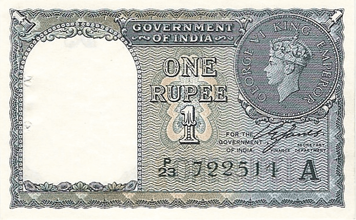 Cédula da rupia indiana impressa entre 1942 e 1949, período do final do domínio britânico e da transição para a independência da Índia