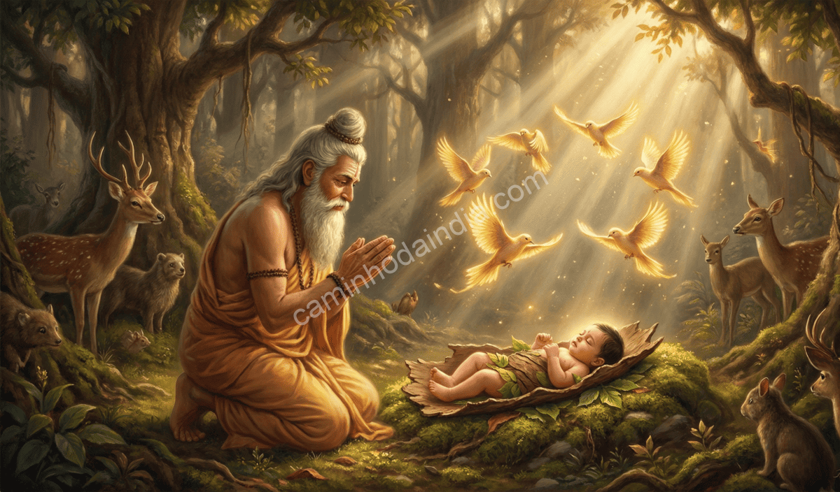 Sábio Kanva surpreso ao encontrar uma bebê protegida por pássaros