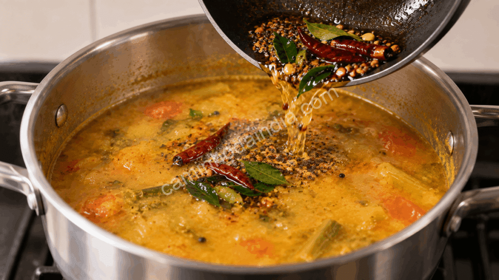 Tadka quente sendo adicionado ao Sambar, liberando aromas e temperos sobre a superfície do caldo