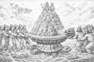 Ilustração do Samudra Manthan, o batimento do oceano de leite