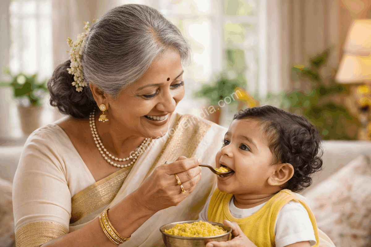 senhora-indiana-alimentando-bebe-khichdi Senhora indiana idosa alimentando um bebê com khichdi em ambiente doméstico acolhedor
