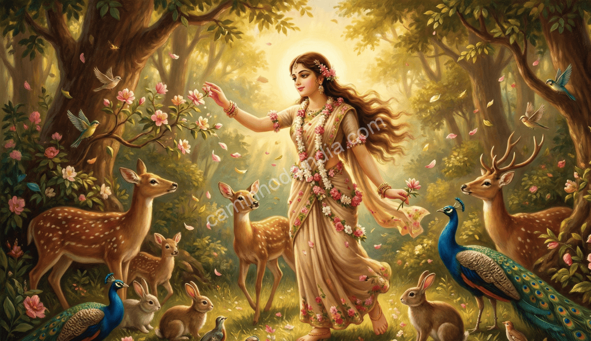Shakuntala crescendo na floresta, cercada por animais e pássaros