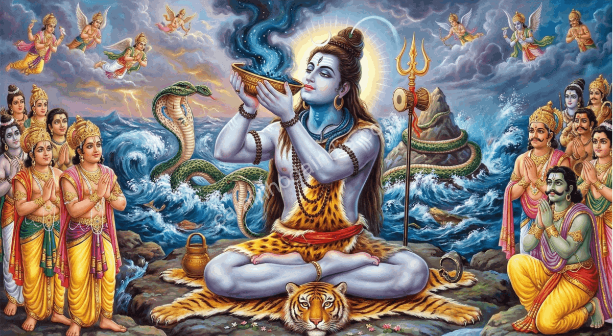 Shiva bebendo o veneno Halahala que surgiu durante o Samudra Manthan para salvar o universo