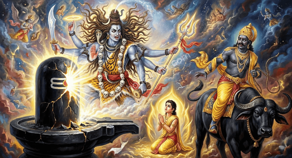 shiva-mahakal-irado-com-yama-por-tocar-markandeya Shiva surgindo em sua forma terrível de Mahakal, furioso com Yama por lançar o laço sobre seu devoto Markandeya